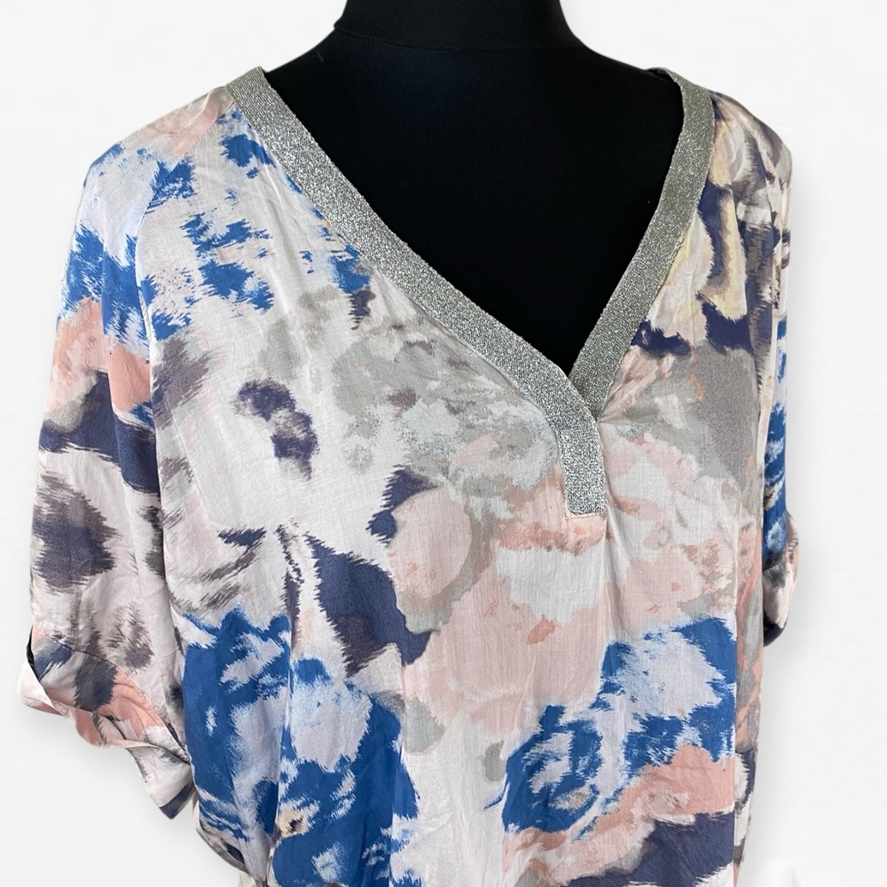 Juicy Couture Blue and Pink Flutter Short Sleeve V-Neck Blouse top XL - Picture 2 of 8